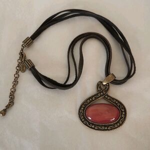 Vintage Chico's Faux Carnelian Glass Medallion Necklace Multi Brown Leather Cord